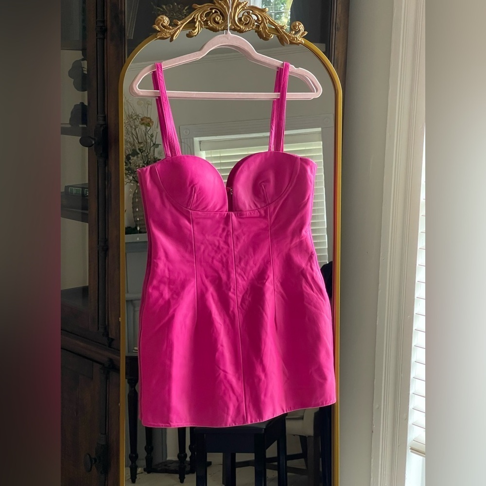 NWT Retrofête PHOEBE 100% LEATHER DRESS in Knockout Pink Barbiecore Size M